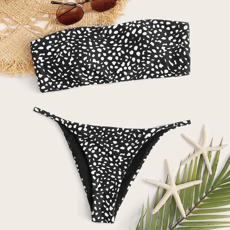 

Dalmatian Print Bandeau Tanga Bikini Swimsuit, Black and white