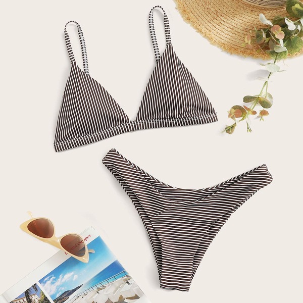 

Striped Triangle High Cut Bikini Swimsuit, Brown