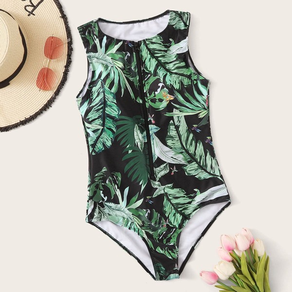 

Tropical Random Print Zip Front One Piece Swimsuit, Multicolor