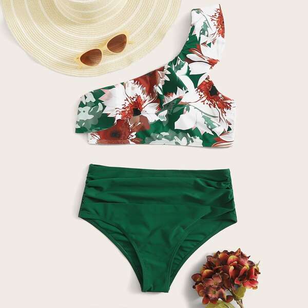 

Floral Random Print One Shoulder Ruched High Waist Bikini Swimsuit, Multicolor