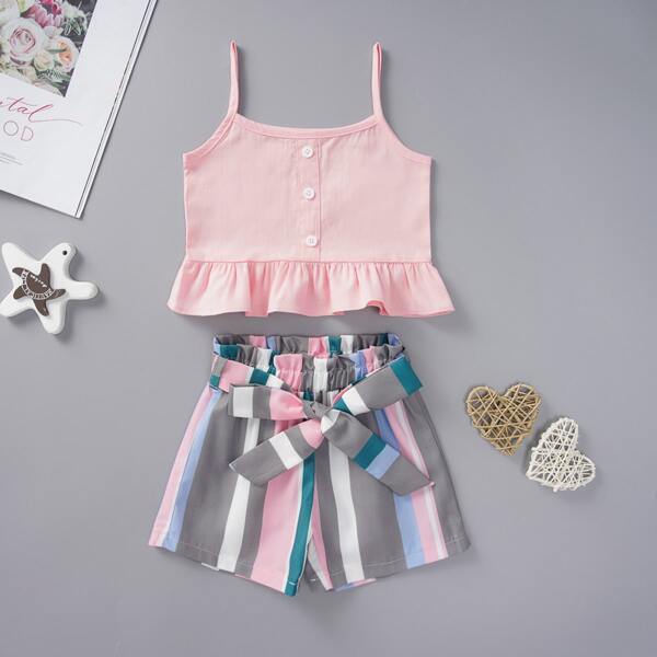 

Toddler Girls Ruffle Hem Cami Top & Striped Belted Shorts, Multicolor