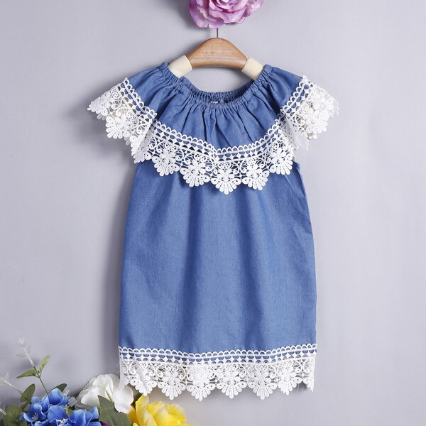 

Toddler Girls Floral Lace Panel Foldover Tunic Dress, Blue