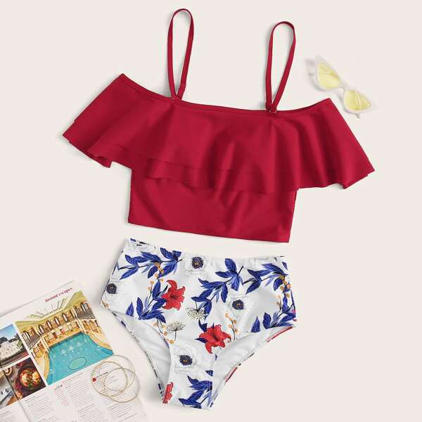

Tiered Layer Random Floral Bikini Swimsuit, Multicolor