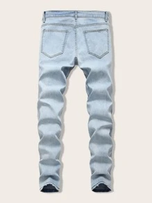 Manfinity Jeans ajustados rotos de hombres con cremallera - Azul - Ver 2