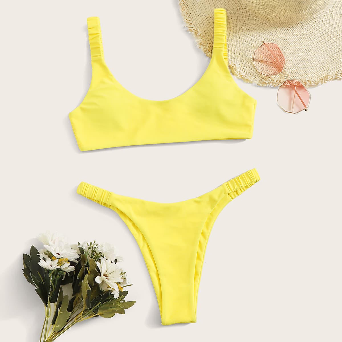 

Solid Tanga Bikini Swimsuit, Yellow