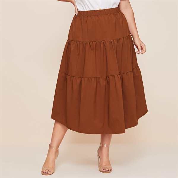 

Plus Solid Elastic Waist A-line Skirt, Brown