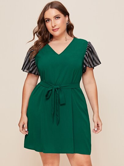 Plus Contrast Striped Belted Dress