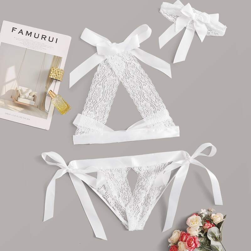 

3pack Floral Lace Knot Detail Lingerie Set, White