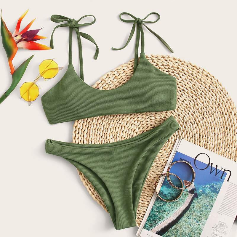

Rib Tie Shoulder Bikini Set, Army green