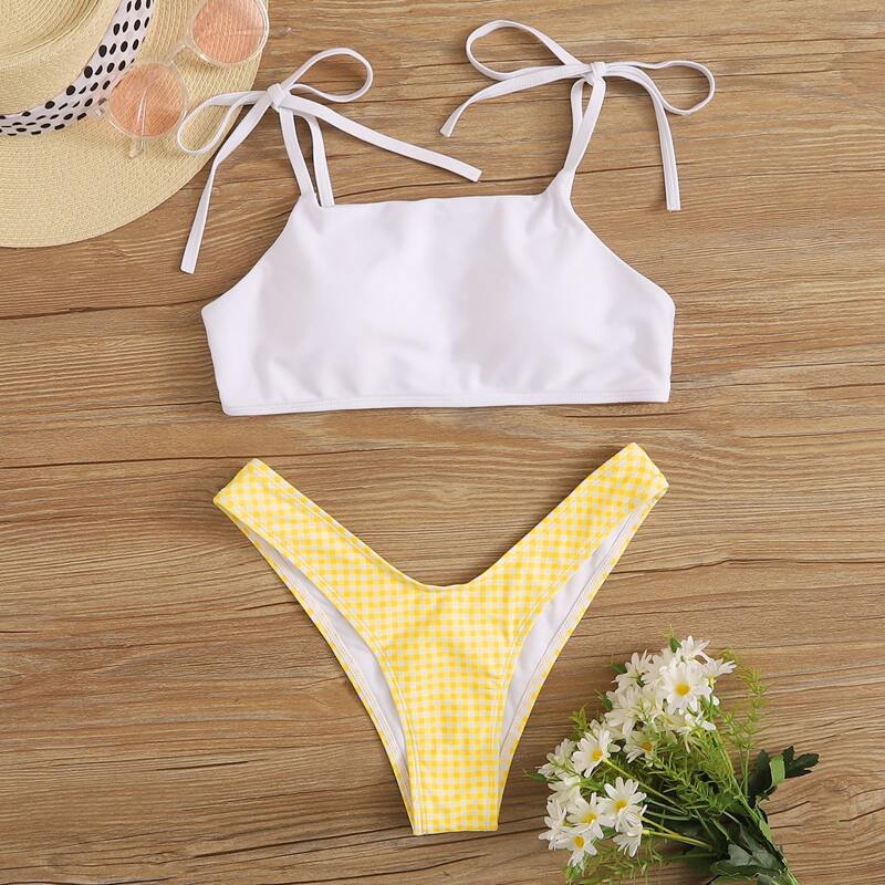 

Gingham Tie Shoulder High Cut Bikini Swimsuit, Multicolor