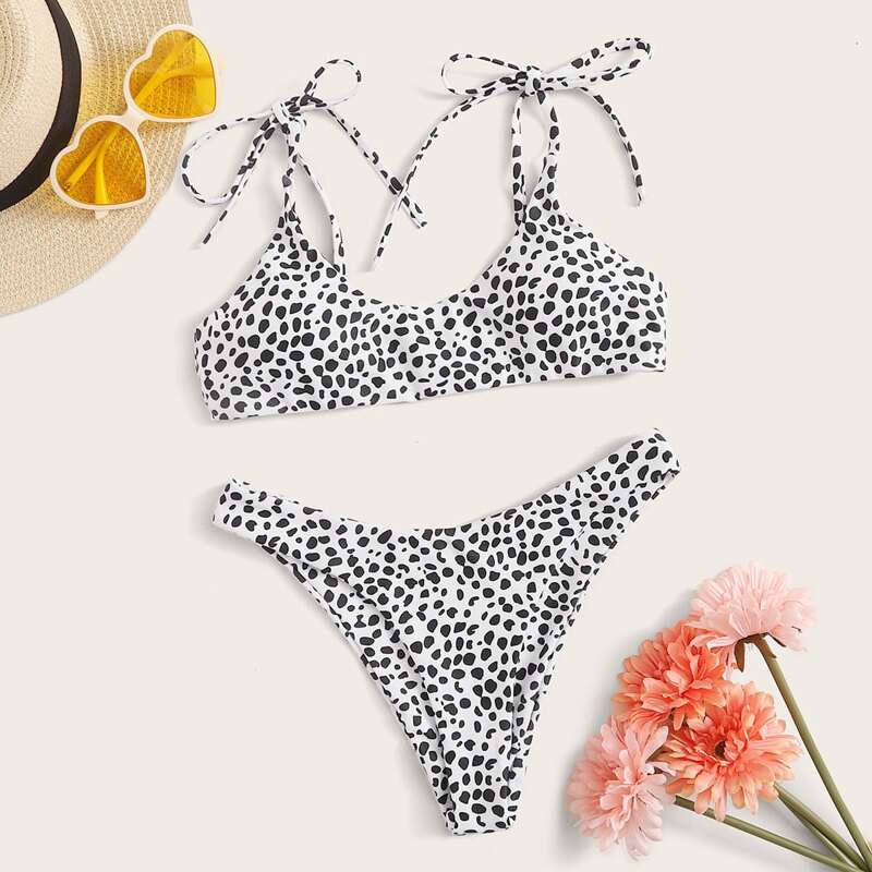 

Dalmatian Print Tie Shoulder Bikini Swimsuit, Black and white