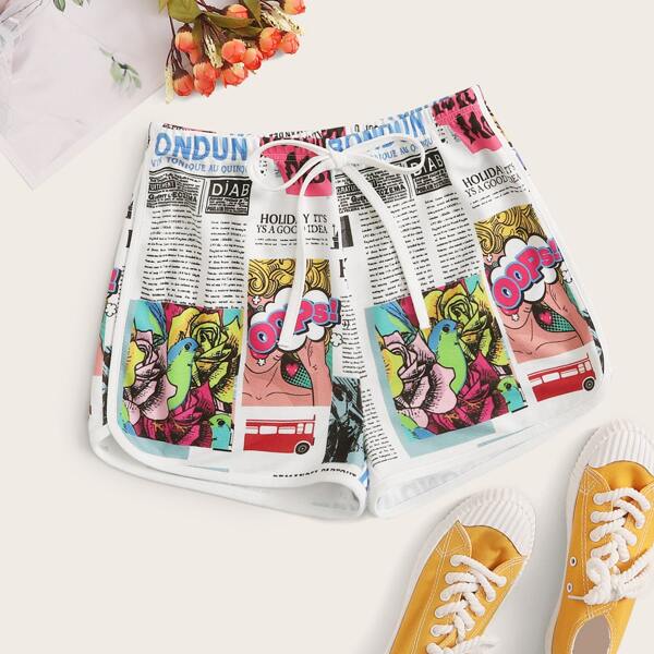 

Tie Waist Newspaper & Pop Art Print Dolphin Shorts, Multicolor