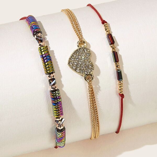 

3pcs Rhinestone Engraved Heart Decor Bracelet, Multicolor