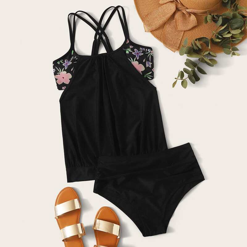

Crisscross Random Floral Ruched Bikini Swimsuit, Black