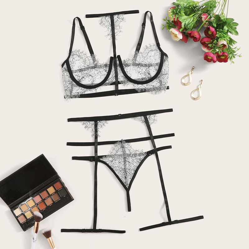 

Eyelash Lace Underwire Garter Lingerie Set & Choker, Black and white