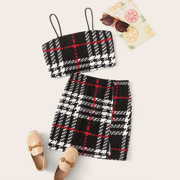 

Girls Plaid Cami Top & Split Hem Skirt Set, Black and white