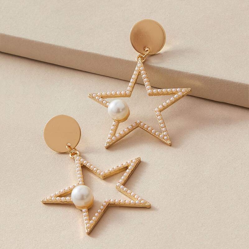 

1pair Faux Pearl Star Decor Drop Earrings, Gold