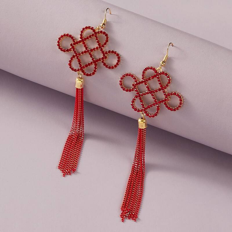 

1pair Chinese Knot & Tassel Design Drop Earring, Red