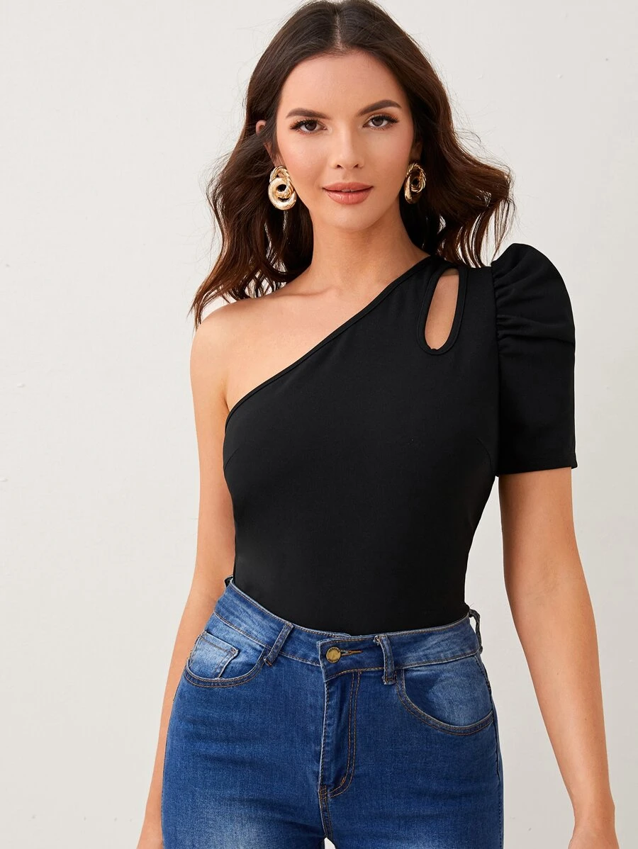 SHEIN Privé One Shoulder Cut-out Puff Sleeve Tee - Black - View 1