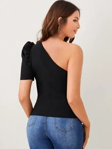 SHEIN Privé One Shoulder Cut-out Puff Sleeve Tee - Black - View 2