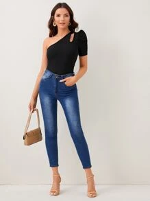 SHEIN Privé One Shoulder Cut-out Puff Sleeve Tee - Black - View 3