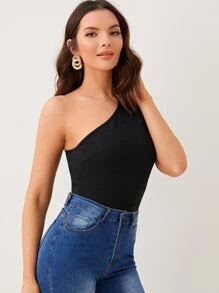 SHEIN Privé One Shoulder Cut-out Puff Sleeve Tee - Black - View 4