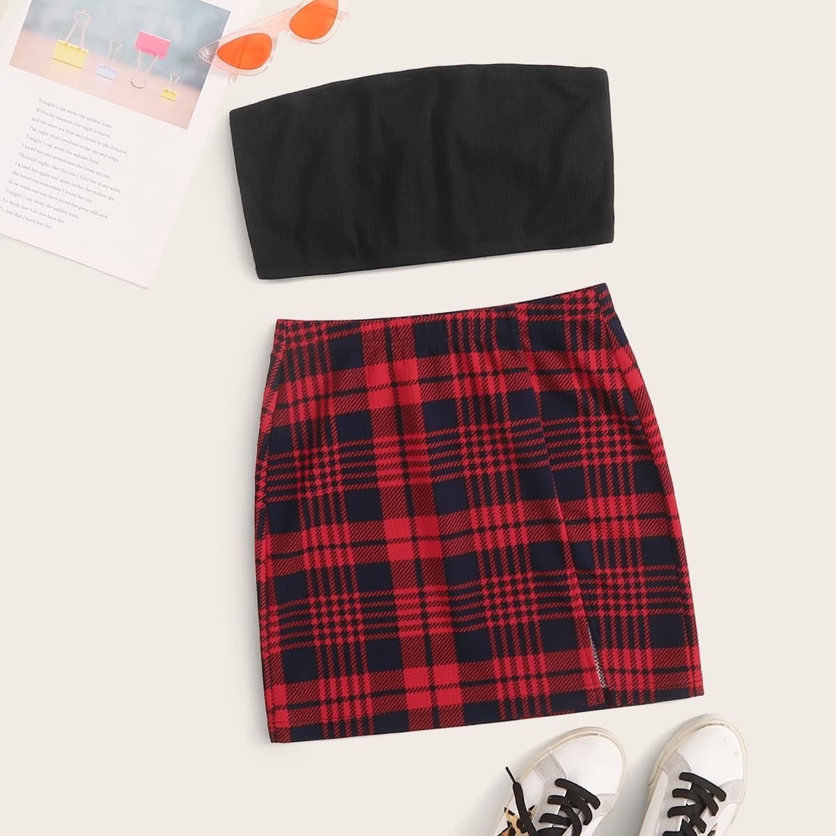 

Crop Tube Top & Slit Hem Plaid Skirt Set, Multicolor