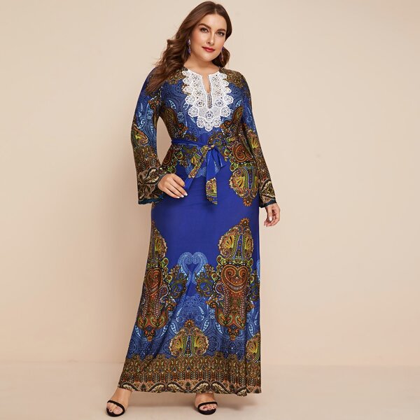 

Plus Aztec Print Contrast Lace Belted Dress, Multicolor