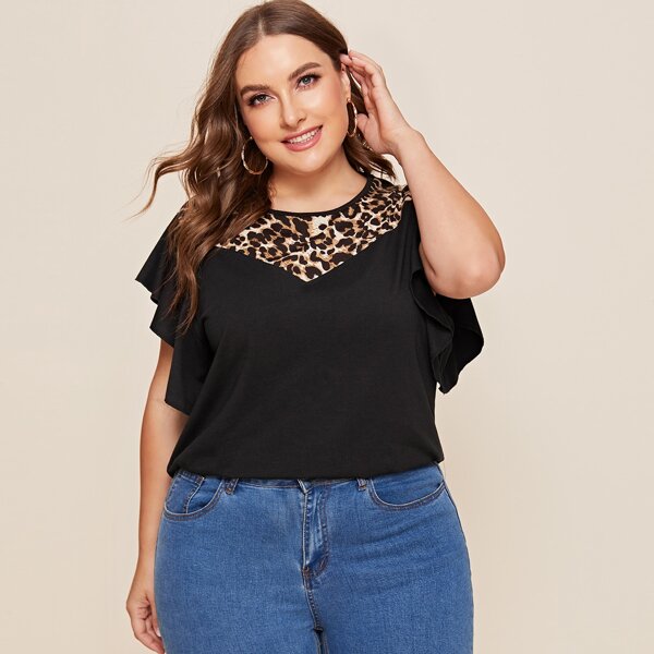 

Plus Contrast Leopard Butterfly Sleeve Blouse, Black