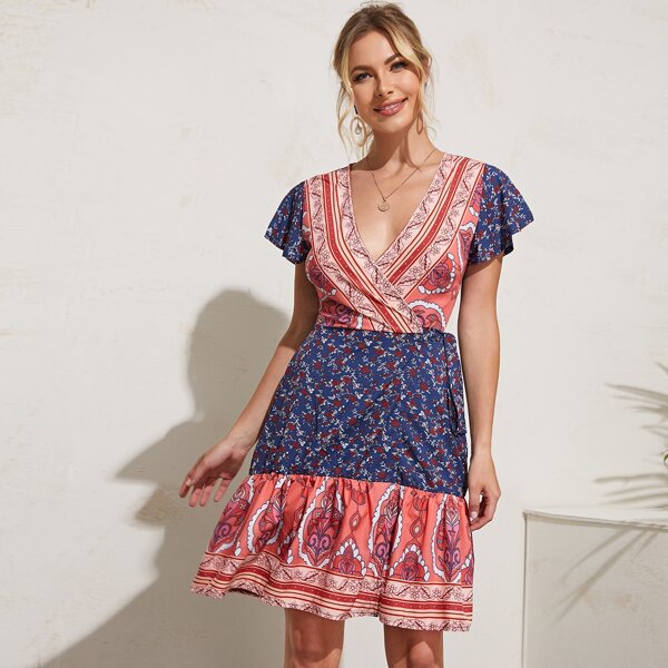 

Wrap Belted Ruffle Hem Floral Dress, Multicolor