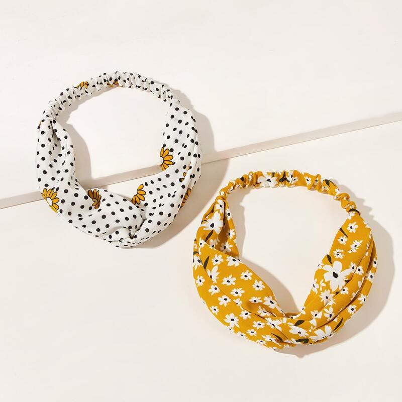 

2pcs Daisy & Polka Dot Pattern Headband, Multicolor
