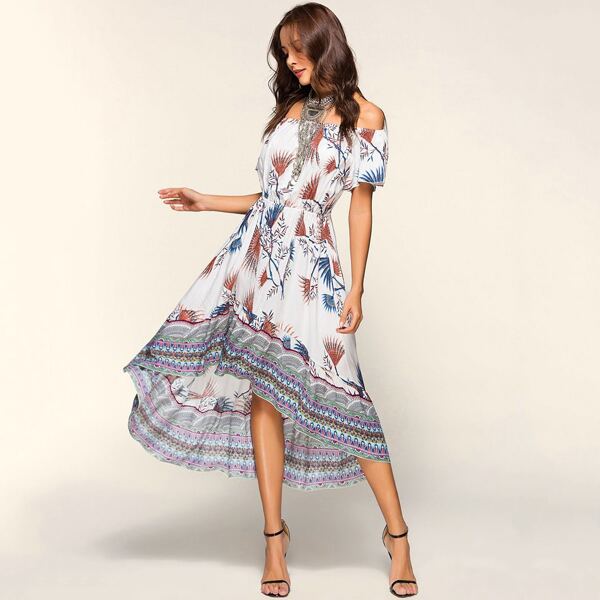 

Off Shoulder High Low Tribal Dress, Multicolor