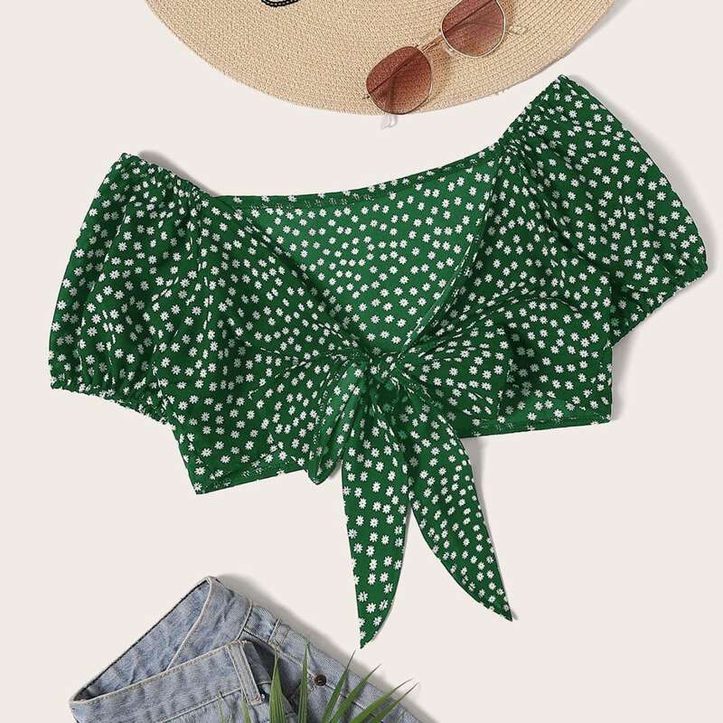 

Ditsy Daisy Floral Self-Tie Crop Top, Green