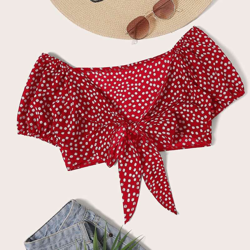 

Ditsy Daisy Floral Self-Tie Crop Top, Red