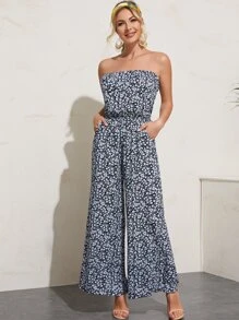 Ditsy Floral Print Wide Leg Tube Jumpsuit - Navy Blue - View 1