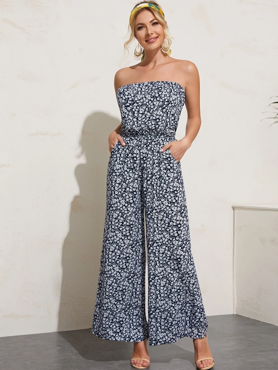 Ditsy Floral Print Wide Leg Tube Jumpsuit - Navy Blue - View 1