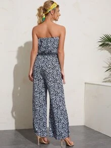 Ditsy Floral Print Wide Leg Tube Jumpsuit - Navy Blue - View 2