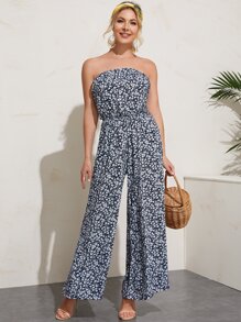 Ditsy Floral Print Wide Leg Tube Jumpsuit - Navy Blue - View 5