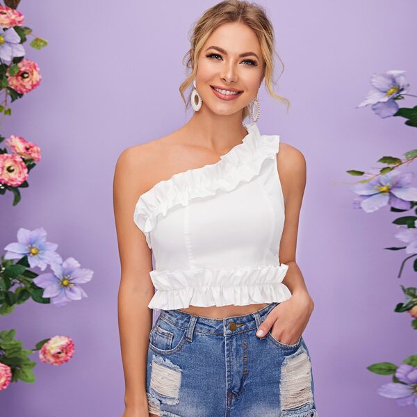 

One Shoulder Ruffle Trim Crop Top, White
