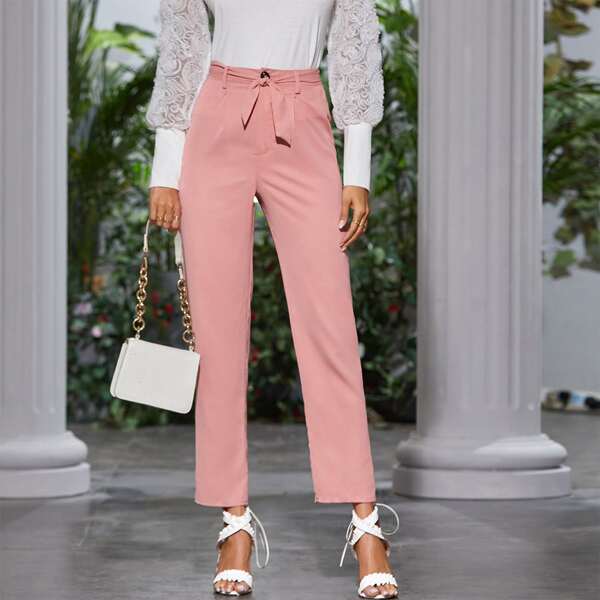 

Solid Self Tie Straight Leg Pants, Pink
