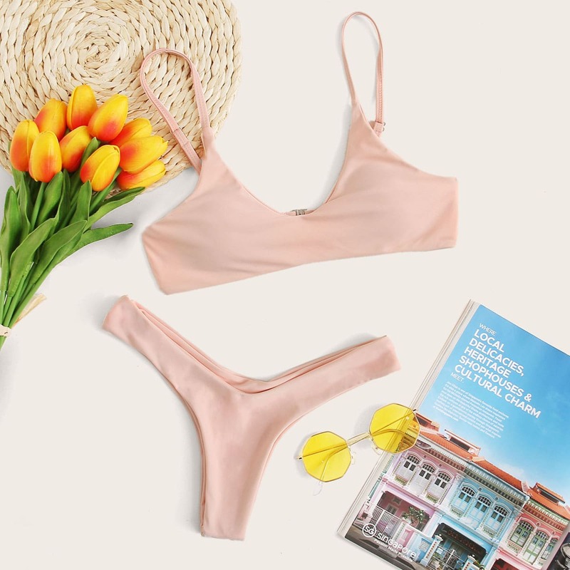 

Solid Tanga Bikini Swimsuit, Pink