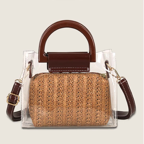

Clear Satchel Bag With Woven Inner Pouch, Brown