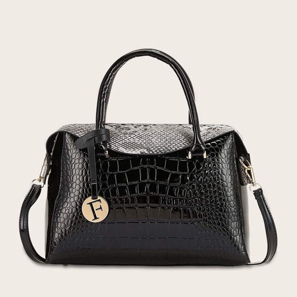 

Letter Charm Croc Embossed Grab Bag, Black