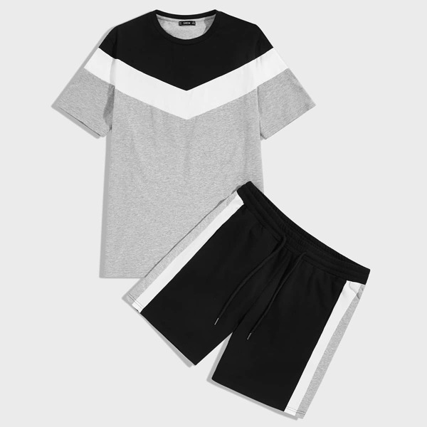 

Men Colorblock Chevron Top & Contrast Sideseam Track Shorts Set, Multicolor