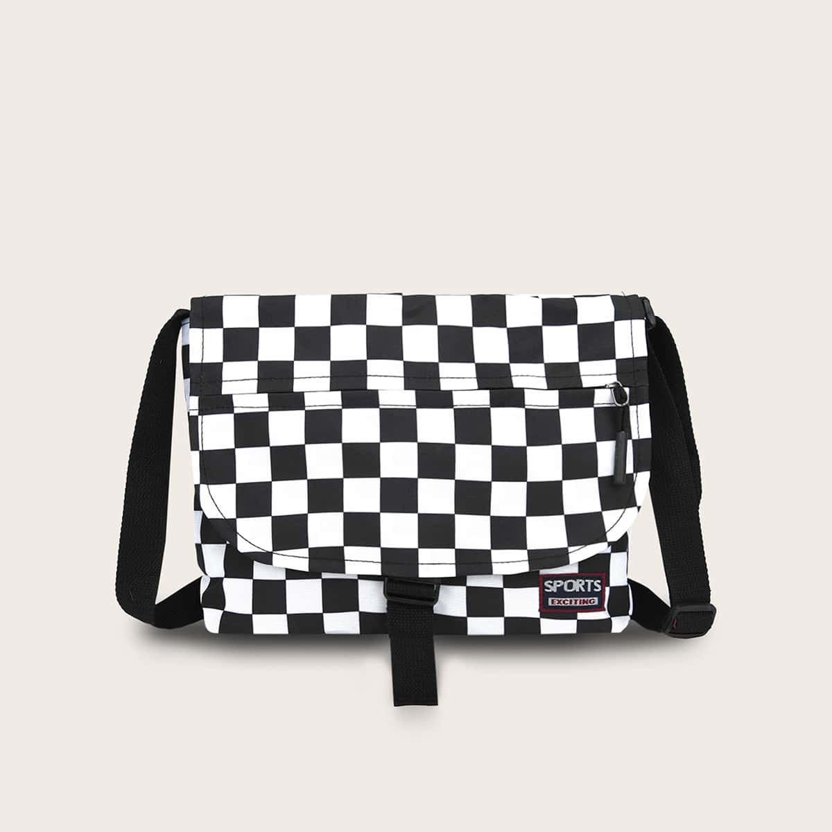 

Guys Letter Patch Checkered Pattern Crossbody Bag, Black and white