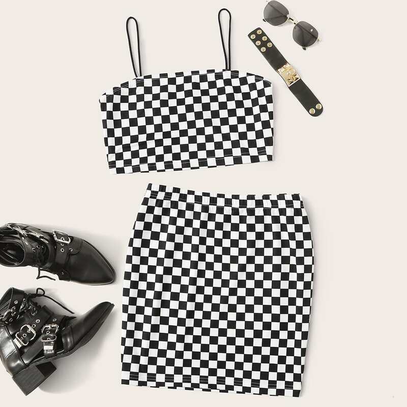 

Checked Crop Cami Top & Skirt Set, Black and white