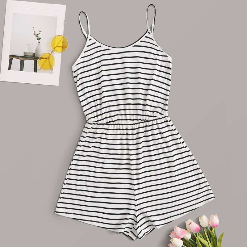 

Elastic Waist Striped Slip Romper, Black and white
