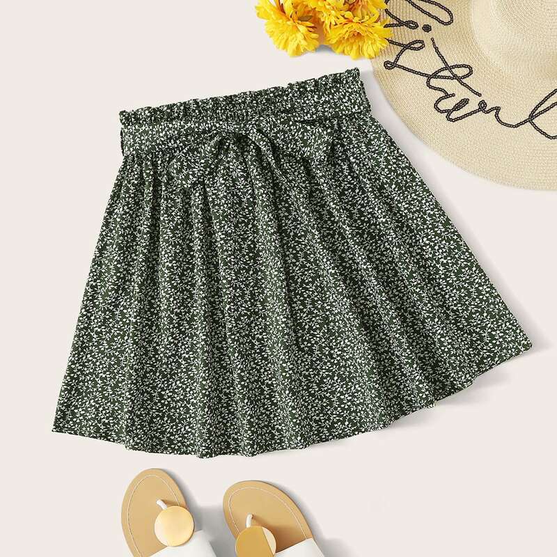 

Ditsy Floral Paperbag Waist Mini Skirt, Green