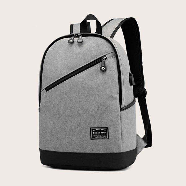 

Men Letter Patch Zip Front Backpack, Grey