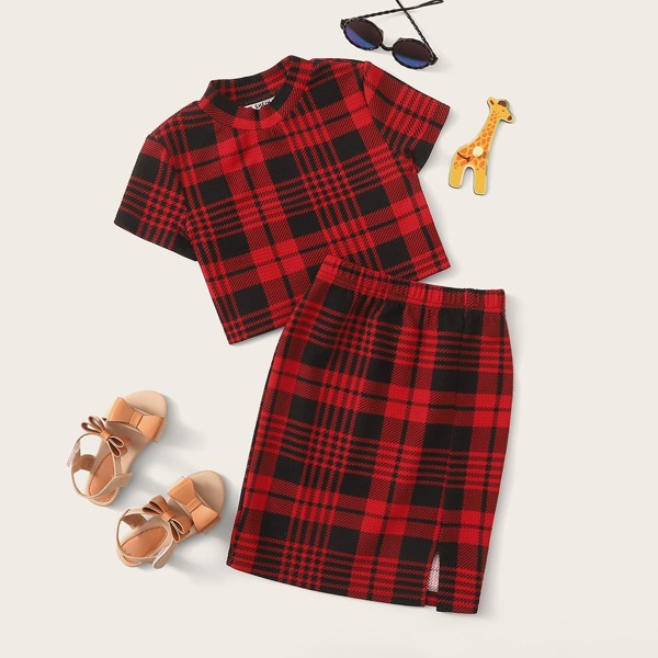 

Girls Plaid Top & Split Hem Skirt Set, Multicolor